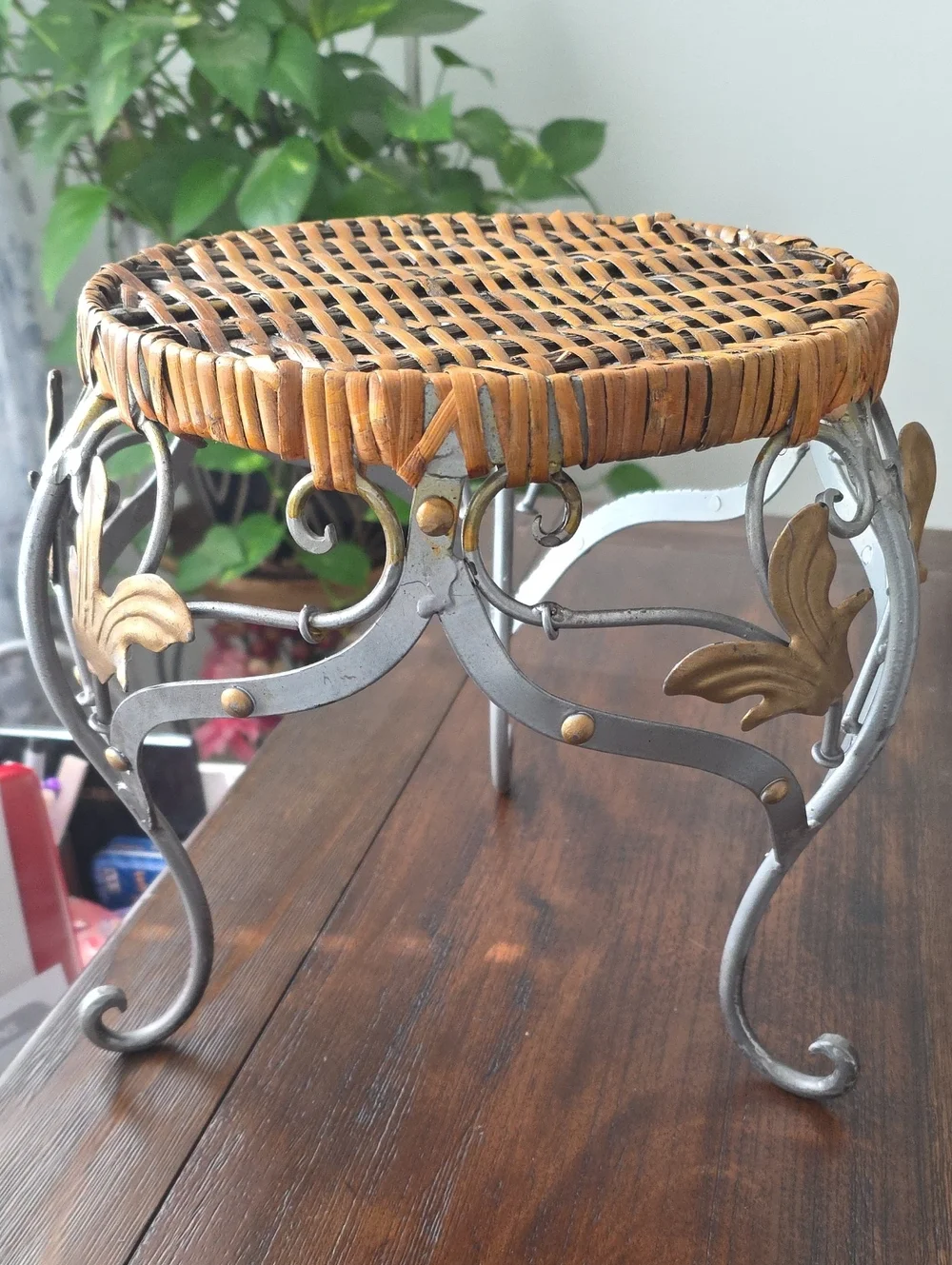 Woven Rattan and Metal Accent Stool - Brown and Silver. Circa 1950s-1980.